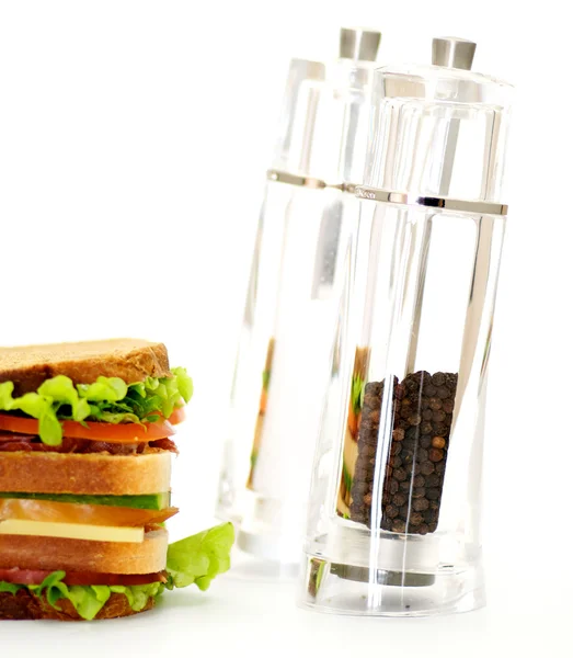 Classical BLT Club Sandwich with Saltcellar and pepperbox — Stock Photo, Image