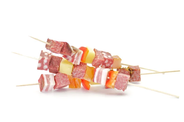 Salami Shishkabobs with red bell pepper and cheese isolated — Stock Photo, Image
