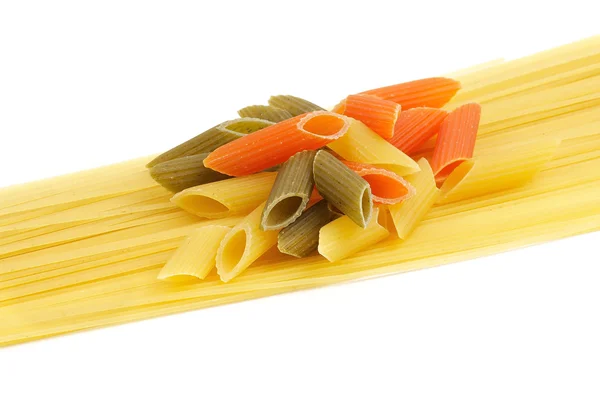 Italian pasta spaghetti and Penne rigate tricolore — Stock Photo, Image