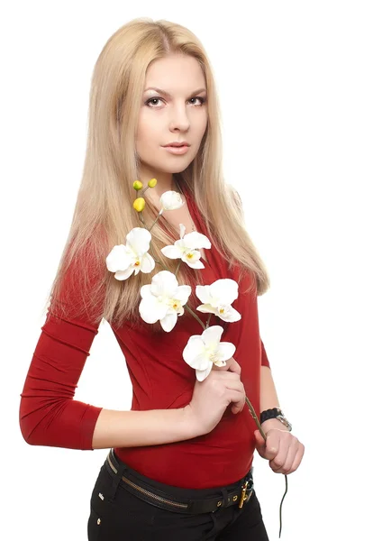 Young female in red dress with bunch of white flowers, studio shoot isolate — Stock Photo, Image