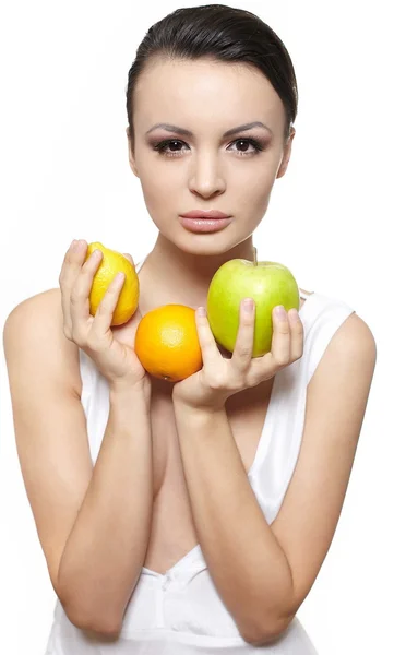 Beautiful glamour girl with fruits lemon and green apple — Stock Photo, Image