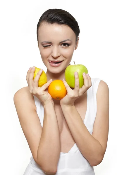 Portrait of beautiful happy smiling girl with fruits lemon and green apple — Stock Photo, Image