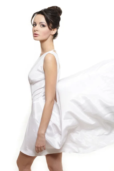 Sexy beautiful woman lady wearing white flying dress bride isolated on whit — Stock Photo, Image