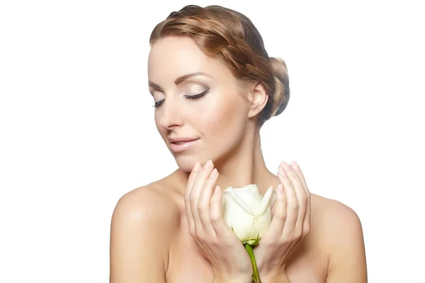 Portrait of sensual beautiful woman with white rose on white background bri — Stock Photo, Image