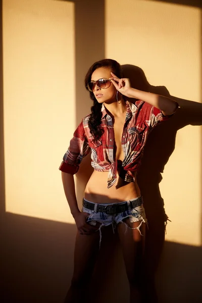 Porträtt av vackert mode sexig brunett tjej i jeans och färgglad skjorta i glas bakom sunset inomhus — Stockfoto
