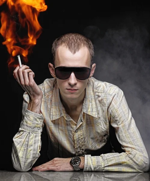 Portrait with fire and smoke — Stock Photo, Image