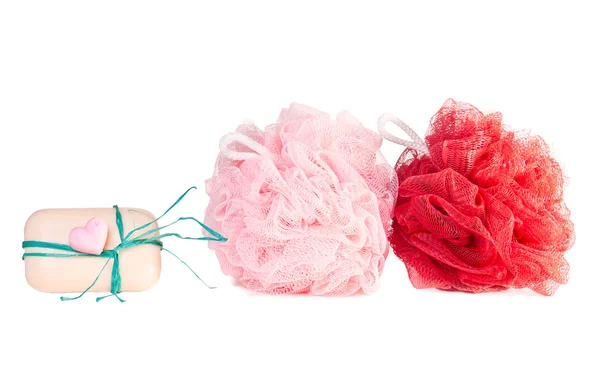 Σαπούνι με ντους washcloths πουφ — Φωτογραφία Αρχείου