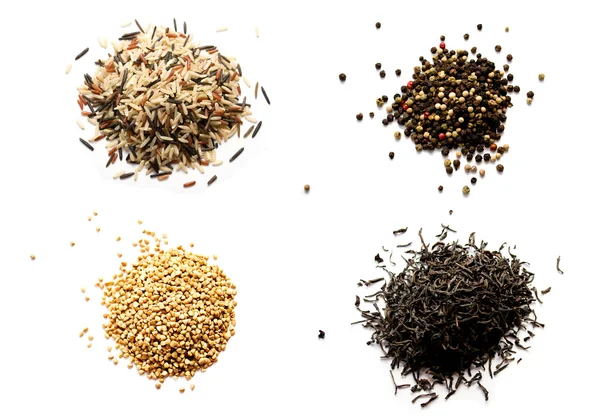 Ris, bovete, te och peppar - ett collage på vit bakgrund — Stockfoto