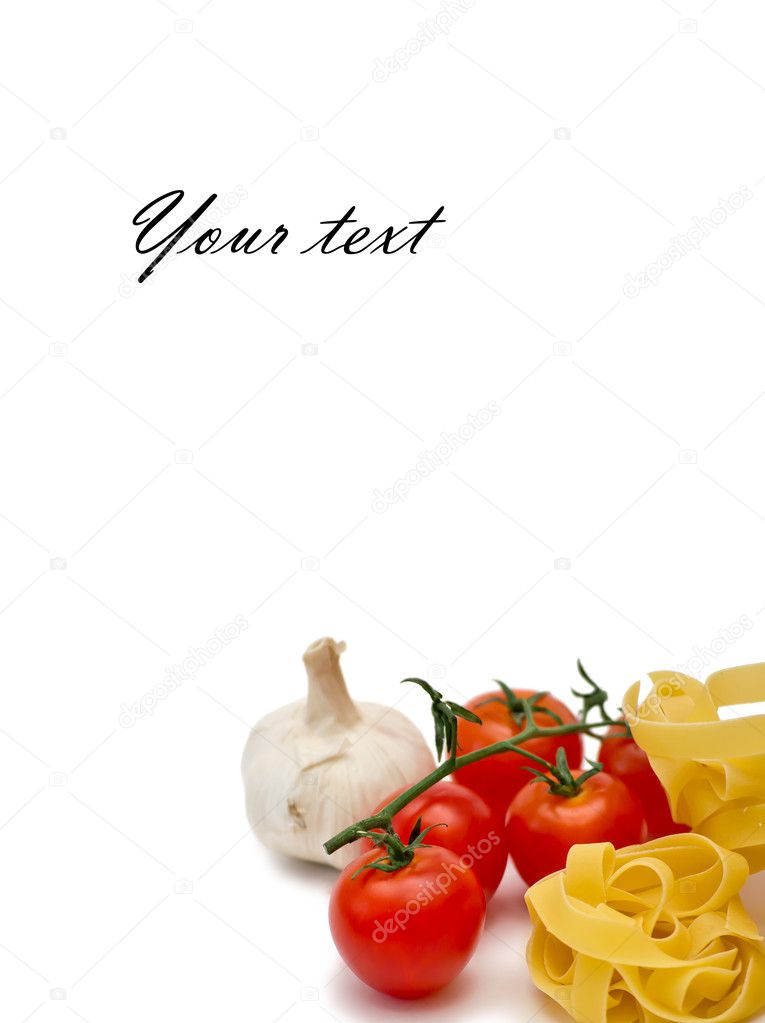 Tomatoes, garlic and fettuccini in a white background