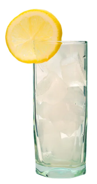 Glass beaker with ice and lemon on a white background — Stock Photo, Image