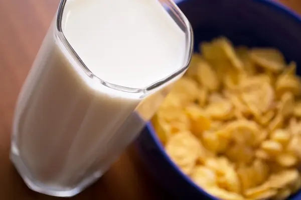 Gabonapehely tejjel, az asztalon — Stock Fotó