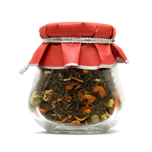 stock image Herbal tea in glass jar isolated over white