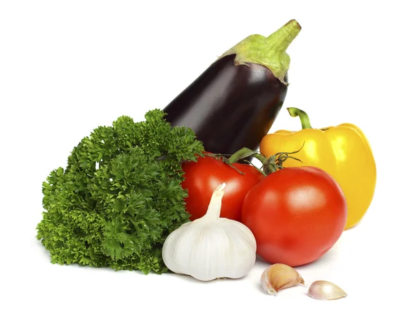Tomat, persilja, vitlök, paprika och aubergine - vegetabiliska isolera — Stockfoto