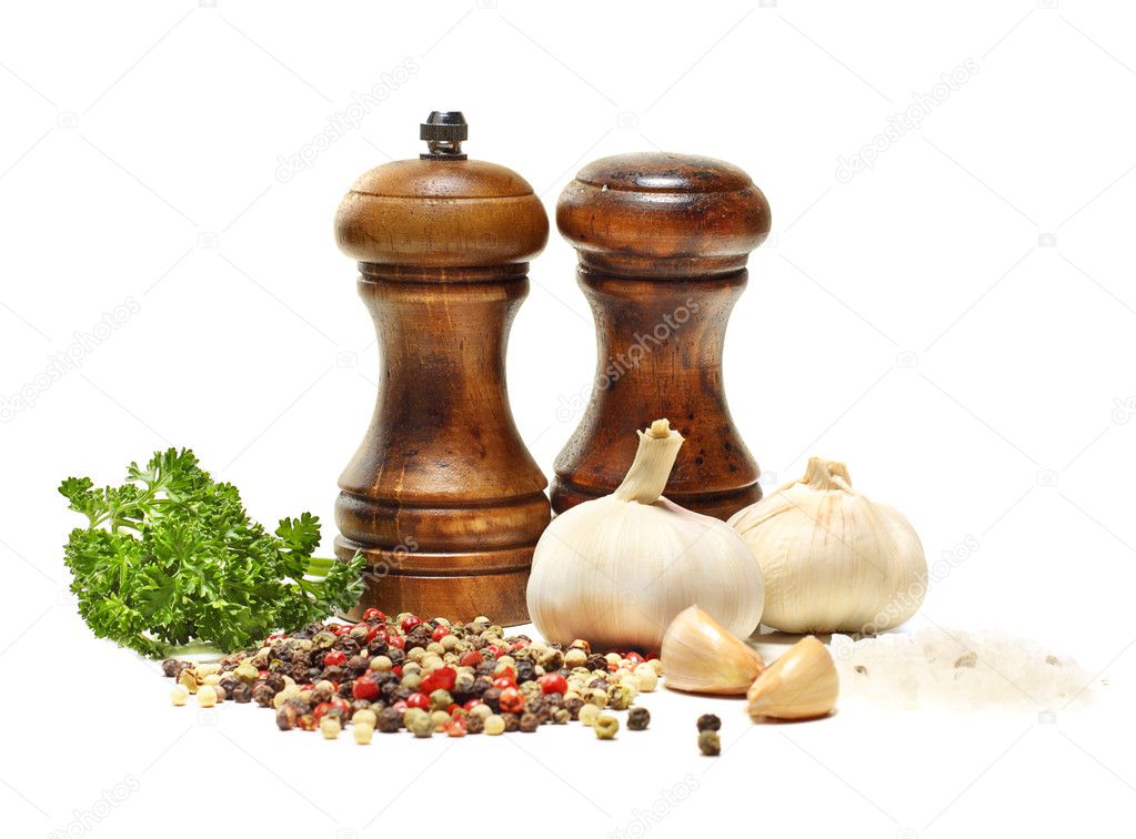 Salt and pepper shaker, garlic, parsley isolated