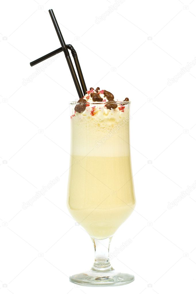 Milk shake with banana fruit, vanilla and chocolate isolated on