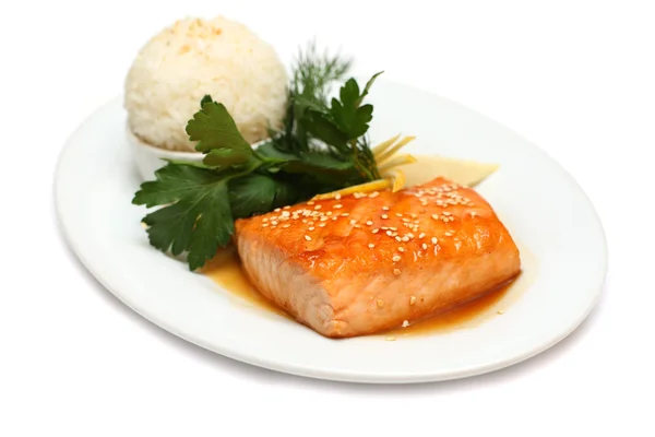 Nourriture gastronomique - steak de poisson sur blanc — Photo