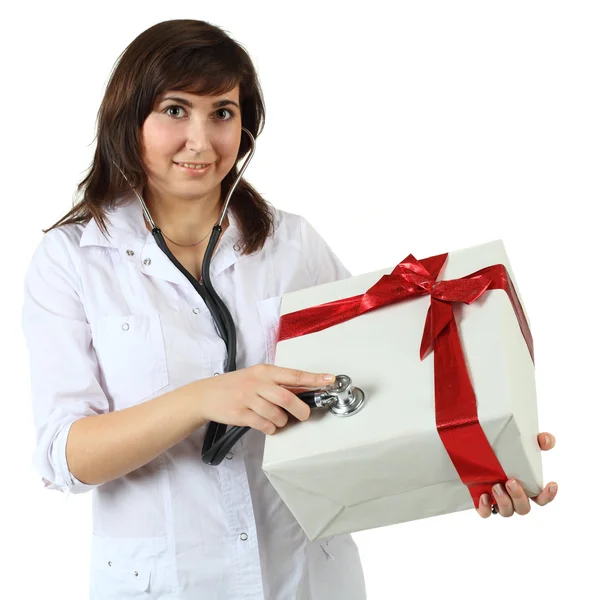 stock image Gift box with red ribbon and woman - holiday humor concept isola