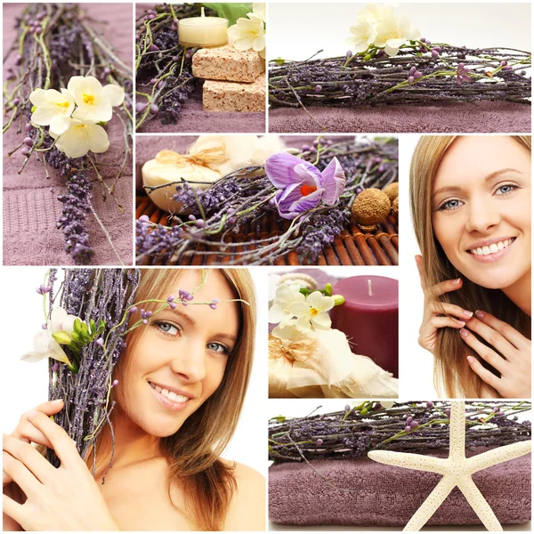 Spa and wellness collage - beautiful woman face, cosmetic and fl — Stock Photo, Image