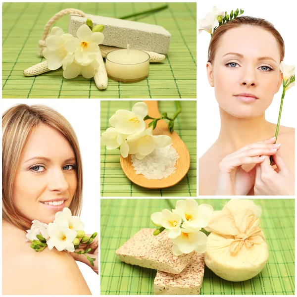 Beautiful smiling woman, bath soap, cosmetic and flowers - spa c