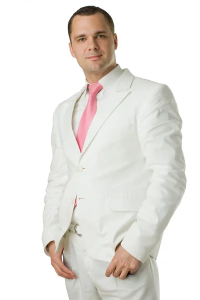 Όμορφος άντρας με λευκό κοστούμι απομονωθεί — Φωτογραφία Αρχείου