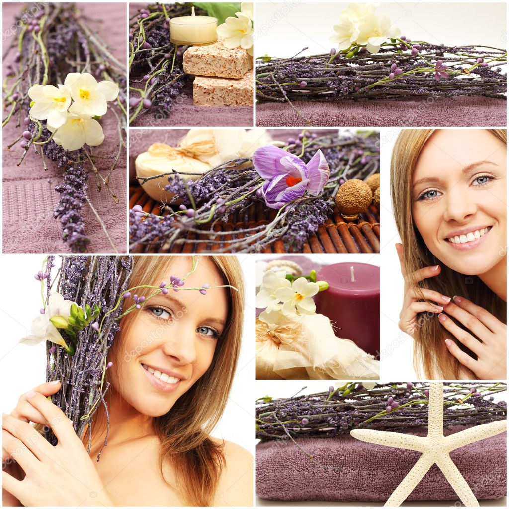 Spa and wellness collage - beautiful woman face, cosmetic and fl