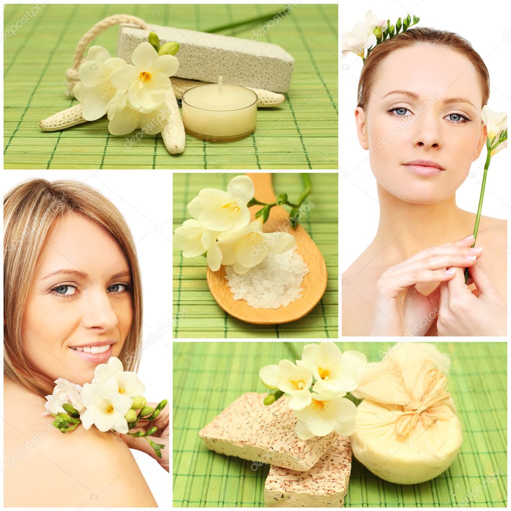 Beautiful smiling woman, bath soap, cosmetic and flowers - spa c