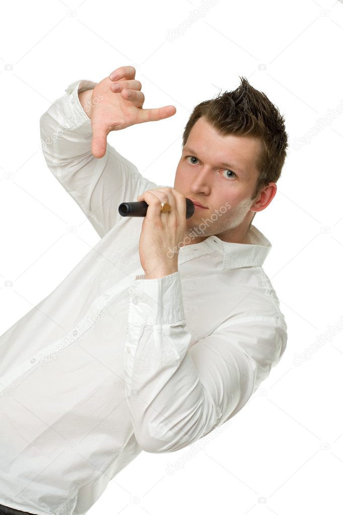 Young Man with Microphone Isolated on White