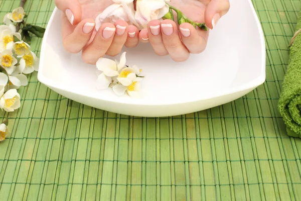 Маникюр - руки и цветы на зеленом фоне — стоковое фото