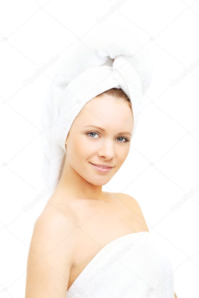 Beautiful woman isolated on white - spa and bath