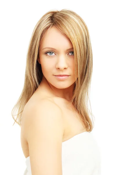 Vacker flicka, blont hår - isolerad på vit — Stockfoto