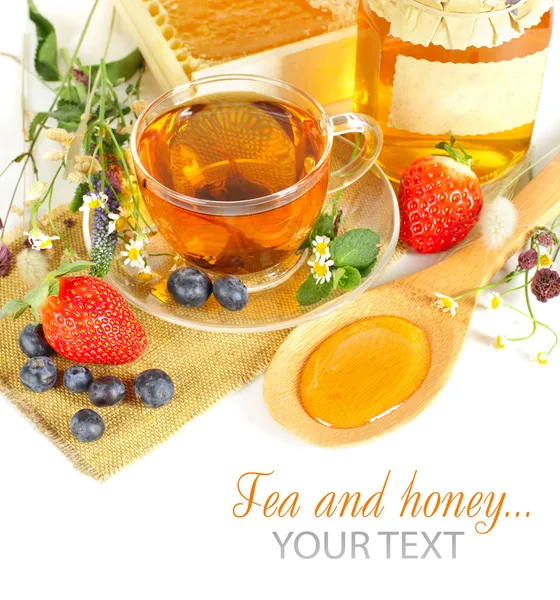 Tea, bio gyümölcsök és a méz - egészséges reggeli — Stock Fotó