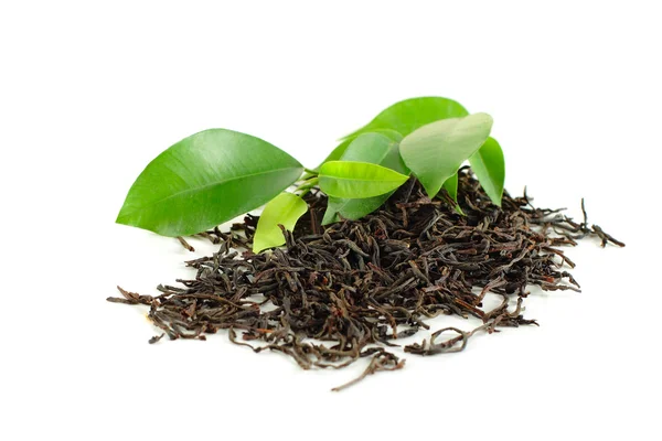 Czarna herbata z zielonych liści na białym tle — Zdjęcie stockowe