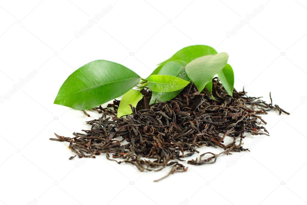 Black tea with green leaf isolated on white