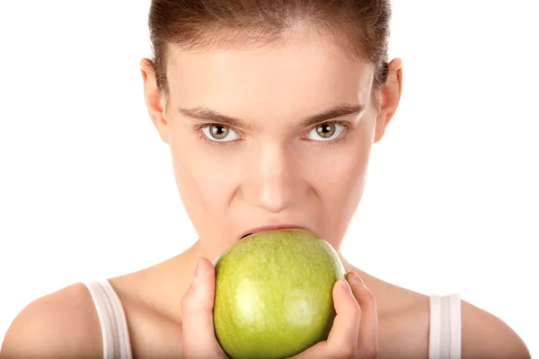 Vacker kvinna med grönt äpple isolerade — Stockfoto