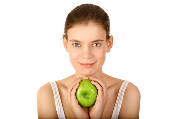 Vrij lachende meisje met groene appel — Stockfoto