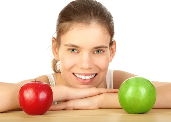 Chica sonriente con manzana roja y verde — Foto de Stock