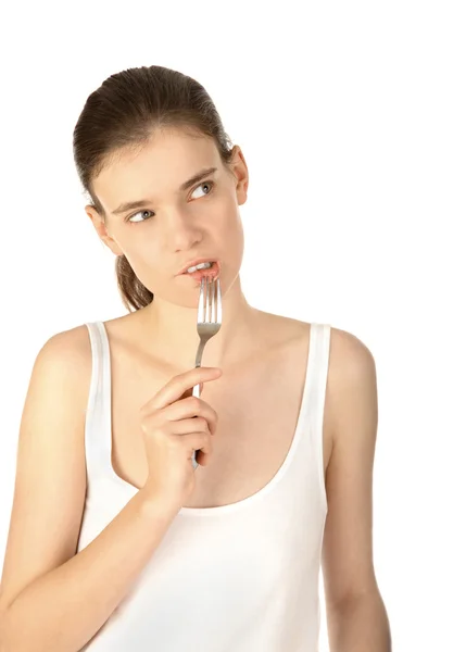 Pretty thoughtful woman with fork looking up — Stock Photo, Image