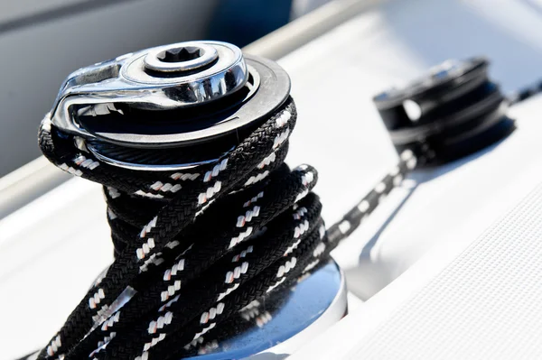 stock image Sailing boat winch with genoa sheet rope