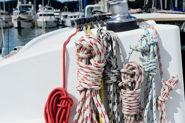 stock image Sailing boat winch, piano lockers and ropes closeup