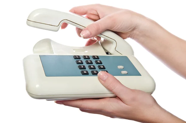 Witte telefoon in vrouw hand — Stockfoto