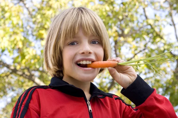 Ung pojke äta morot — Stockfoto