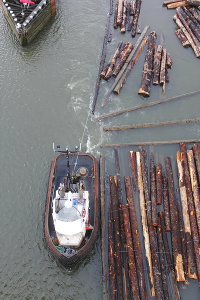 Tugboat Sorting Logs — Stock Photo, Image