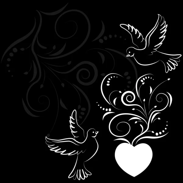 Twee witte duiven en hart — Stockvector