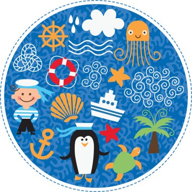 Set of cartoons cute sea elements in a round clipart