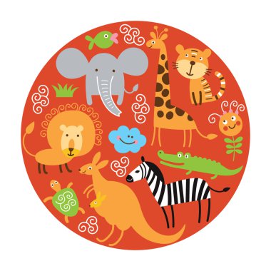 Set of cute cartoon animals in the form of round clipart