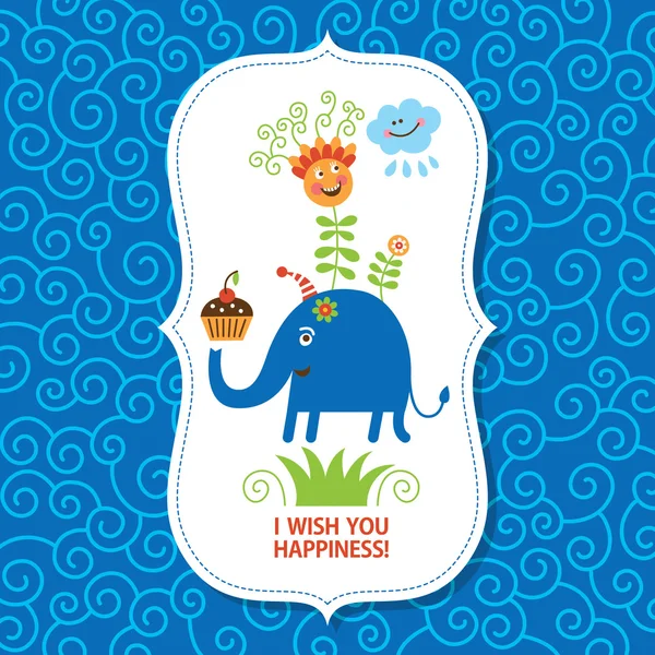 Cartão de saudação, bonito elefante azul e pássaro engraçado — Vetor de Stock