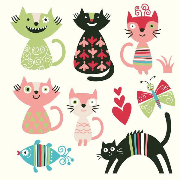 Σύνολο καρτούν χαριτωμένες γάτες — Διανυσματικό Αρχείο