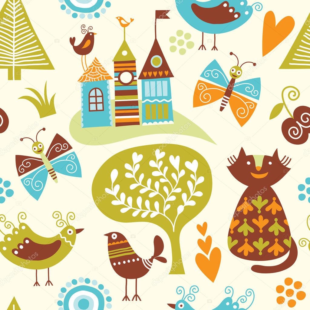 Seamless pattern with cartoon animals and fairy-tale elements
