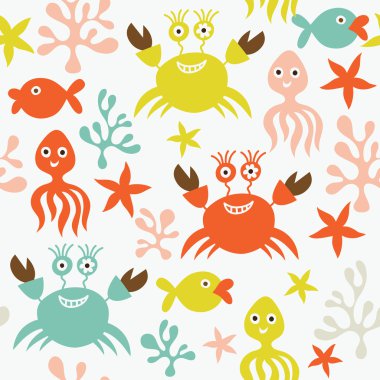 Seamless pattern with cute crabs and octopuses clipart