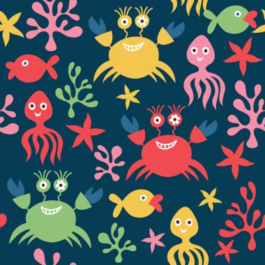 Seamless pattern with cute crabs and octopuses clipart